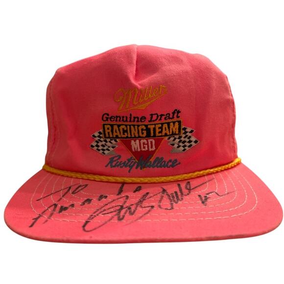 Vintage 90s MGD Racing Team Rusty Wallace Autographed Snap Back Hat Pink Nascar - Picture 1 of 7